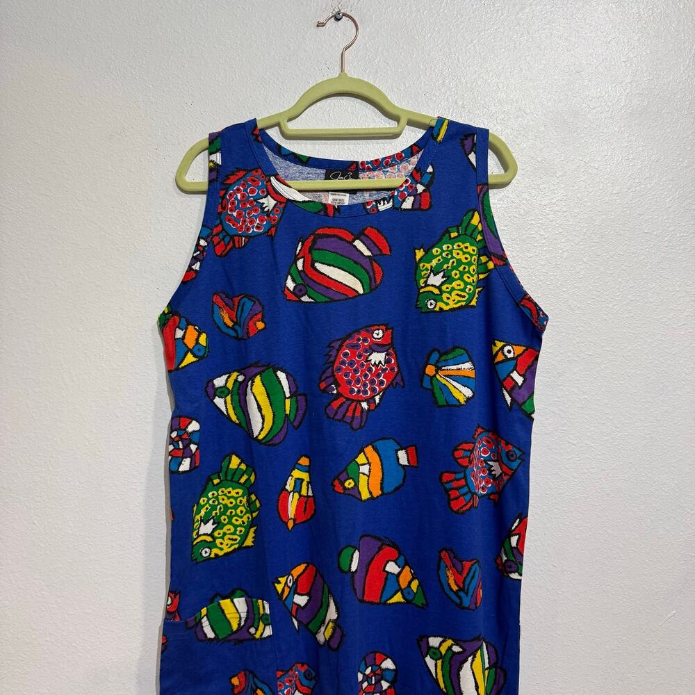 Jim Bay Original Blue Fish Print Sleeveless Maxi Dress Made in USA Sz OS - Picture 2 of 7